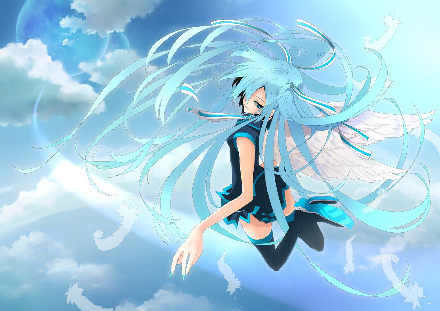 blue hair, Long hair, Blue eyes, Anime, Anime girls, Hatsune Miku, Vocaloid, Smiling, Wings Wallpaper