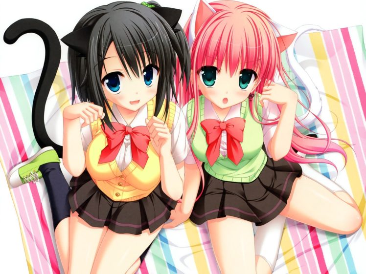 blue eyes, Green eyes, Pink hair, Short hair, Anime, Anime girls, Cat ears, Tail, Black hair HD Wallpaper Desktop Background