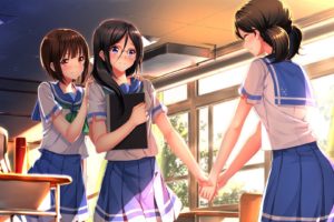 short hair, Long hair, Brunette, Red eyes, Blue eyes, Anime, Anime girls, Hibike! Euphonium, Nakaseko Kaori, Ogasawara Haruka, Tanaka Asuka, Black hair, Glasses, School uniform