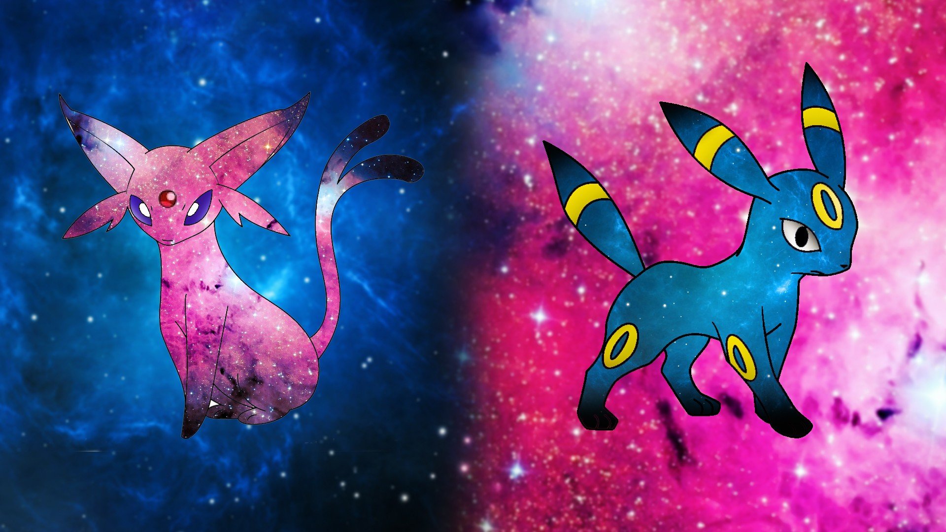 Pokémon, Space, Espeon, Umbreon, Pikachu, Blue, Pink, Dog