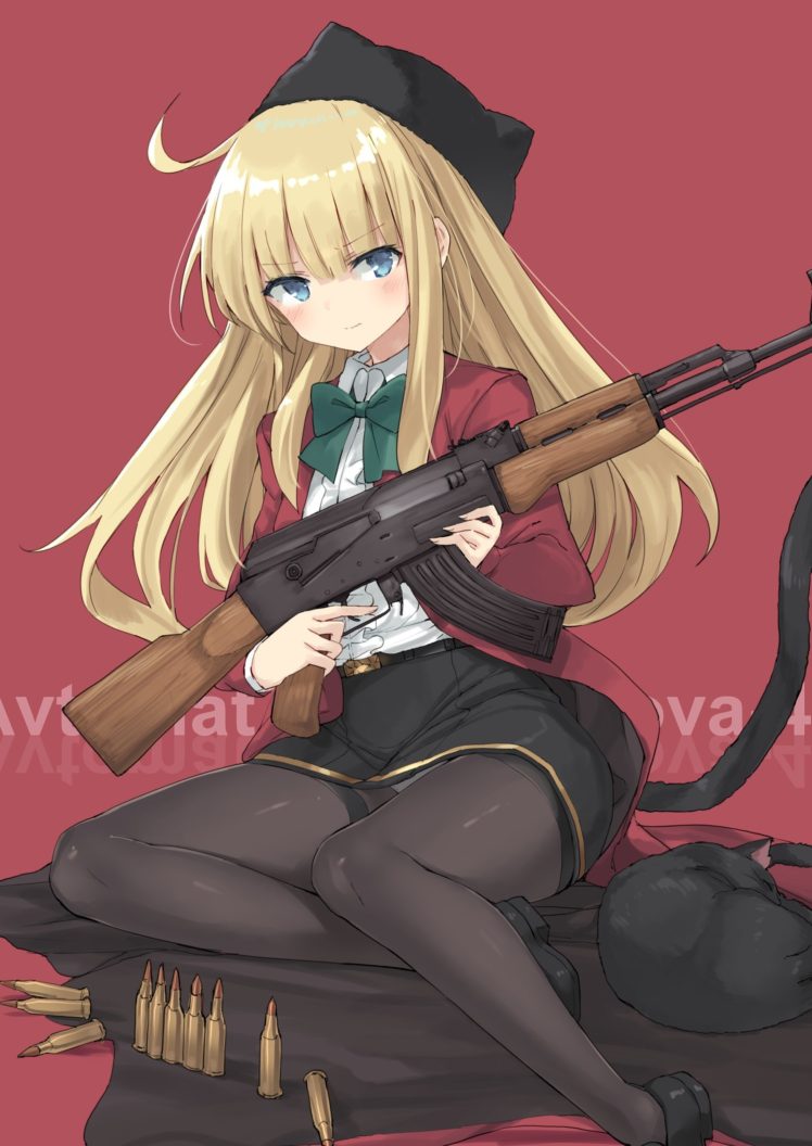 long hair, Blonde, Blue eyes, Anime, Anime girls, Gun, Weapon, Tail, Uniform, AK 47, Skirt, Pantyhose, Black pantyhose HD Wallpaper Desktop Background