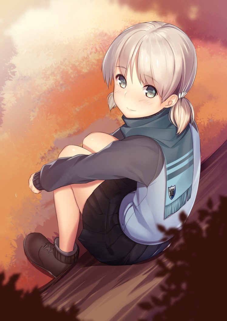 short hair, Green eyes, Anime, Anime girls, Girls und Panzer, Gray hair, Skirt HD Wallpaper Desktop Background