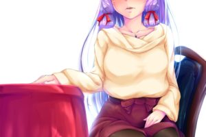 long hair, Purple hair, Orange eyes, Anime, Anime girls, Sweater, Skirt, Stockings