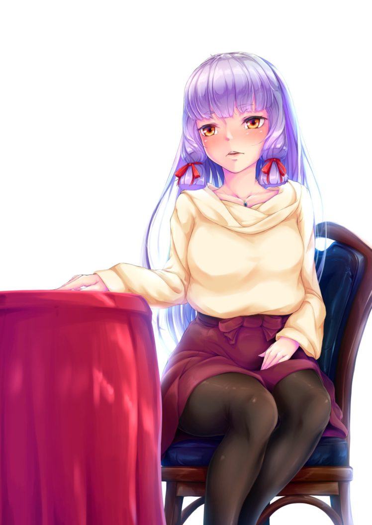long hair, Purple hair, Orange eyes, Anime, Anime girls, Sweater, Skirt, Stockings HD Wallpaper Desktop Background