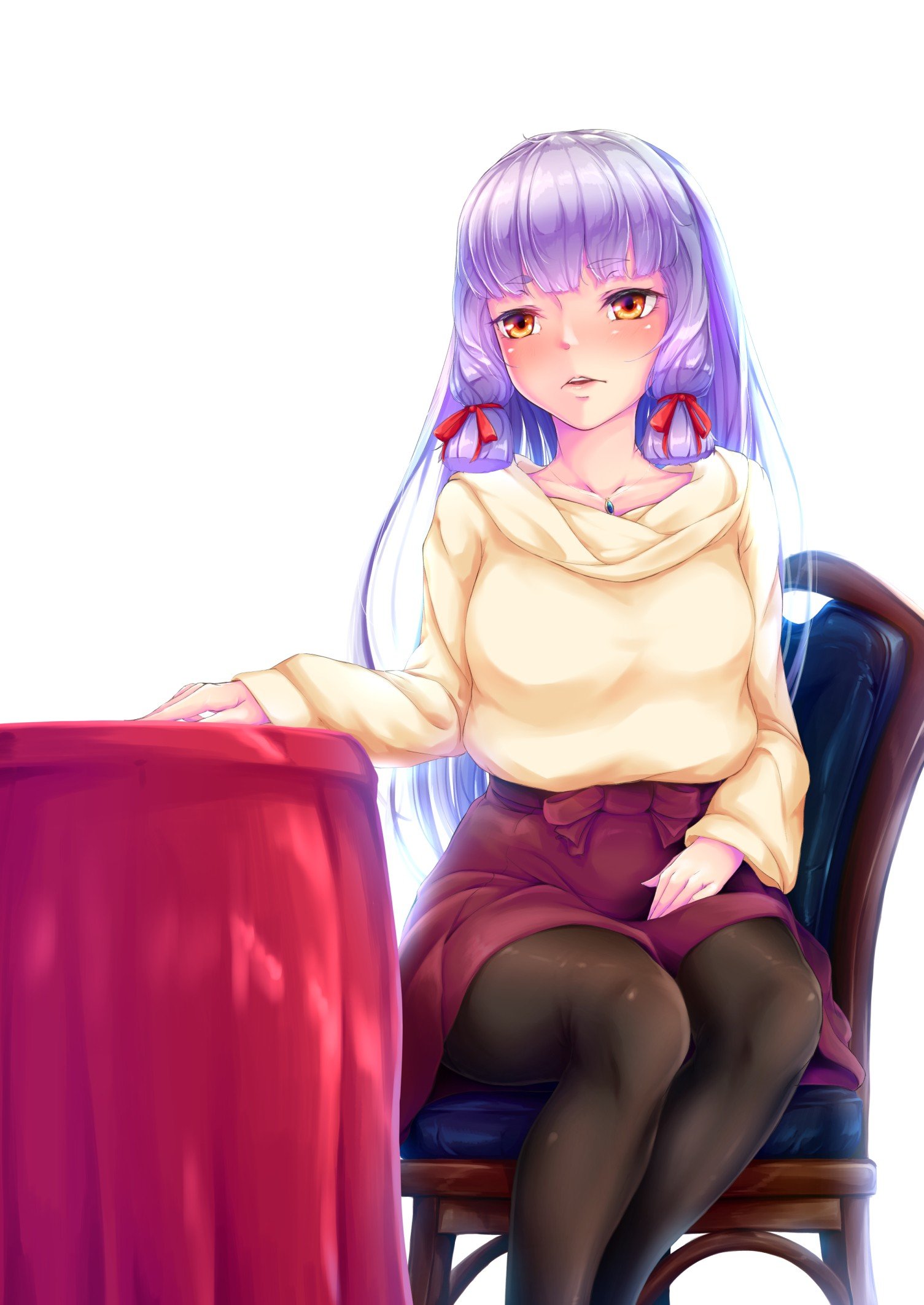 long hair, Purple hair, Orange eyes, Anime, Anime girls, Sweater, Skirt, Stockings Wallpaper