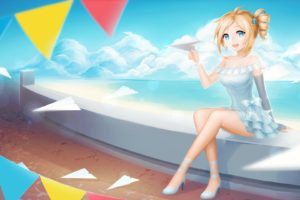 blonde, Anime girls, Blue dress, Clouds, Paper planes