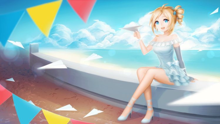 blonde, Anime girls, Blue dress, Clouds, Paper planes HD Wallpaper Desktop Background