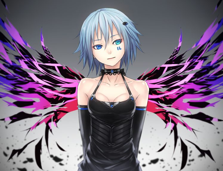 short hair, Blue hair, Blue eyes, Anime, Anime girls, Wings HD Wallpaper Desktop Background