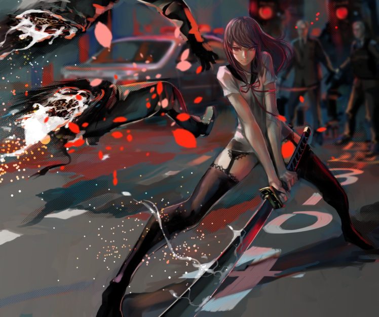 long hair, Red eyes, Anime, Anime girls, Sword, Weapon, Stockings HD Wallpaper Desktop Background