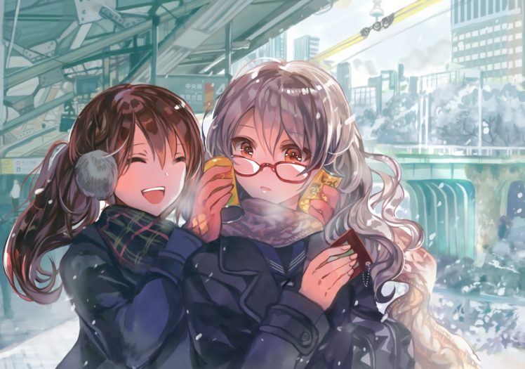 brunette, Long hair, Orange eyes, Original characters, Anime, Anime girls, City, Drink, Glasses, Gray hair, Snow, Winter HD Wallpaper Desktop Background