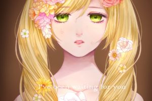 long hair, Blonde, Green eyes, Anime, Anime girls, Flowers, Crying