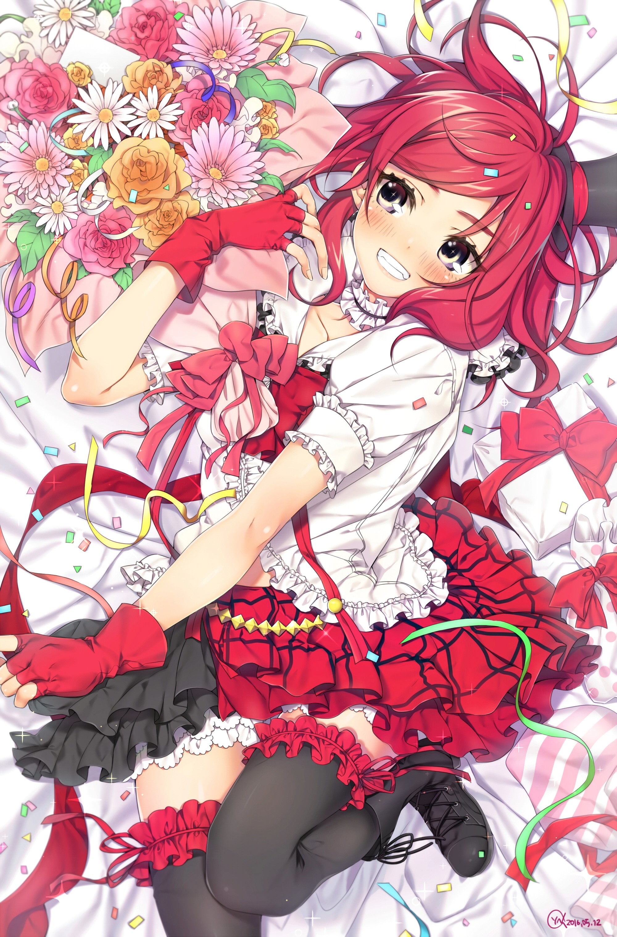 short hair, Redhead, Anime, Anime girls, Love Live!, Nishikino Maki, Flowers, Skirt, Stockings, Thigh highs Wallpaper