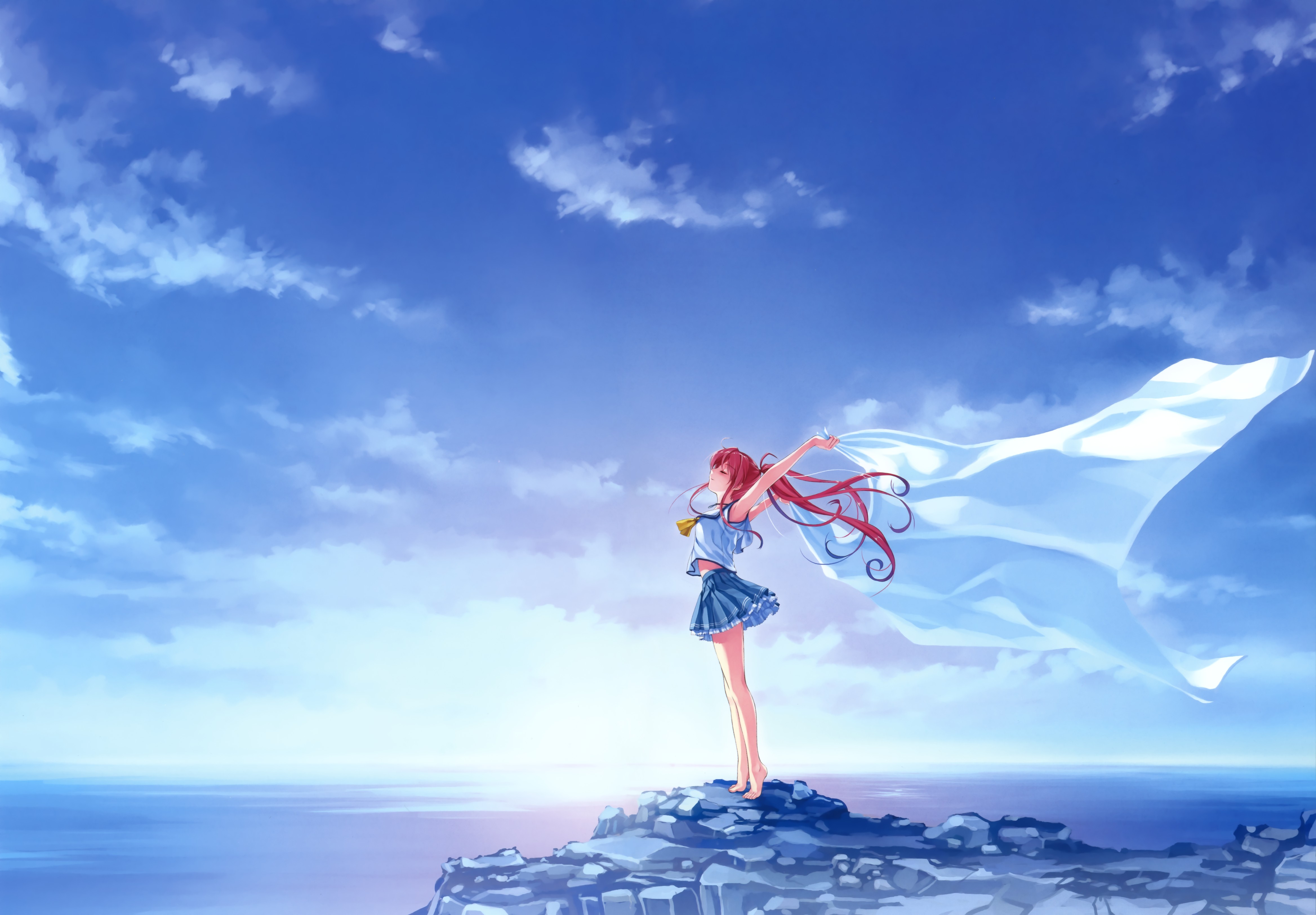 redhead, Long hair, Anime, Anime girls, Sky, Clouds, School uniform, Deep Blue Sky & Pure White Wings Wallpaper