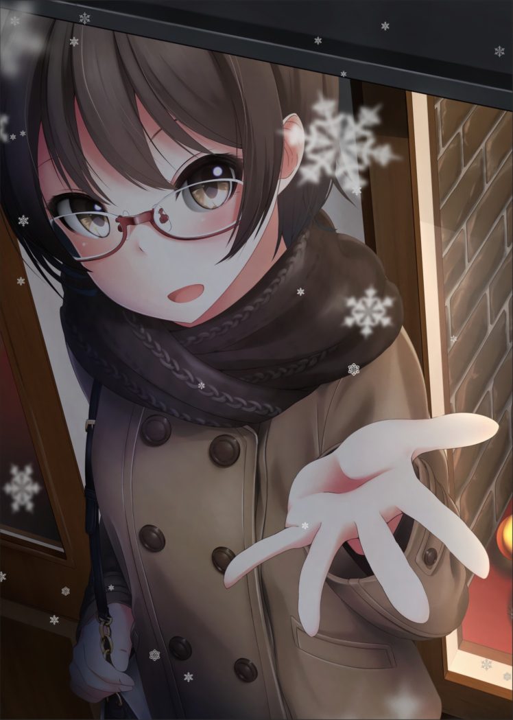 short hair, Brunette, Anime, Anime girls, Glasses, Meganekko, Snow, Brown eyes HD Wallpaper Desktop Background