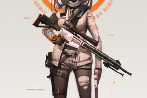long hair, Brunette, Red eyes, Anime, Anime girls, Tom Clancy&039;s The Division, Twintails, Weapon, Sniper rifle, Gun