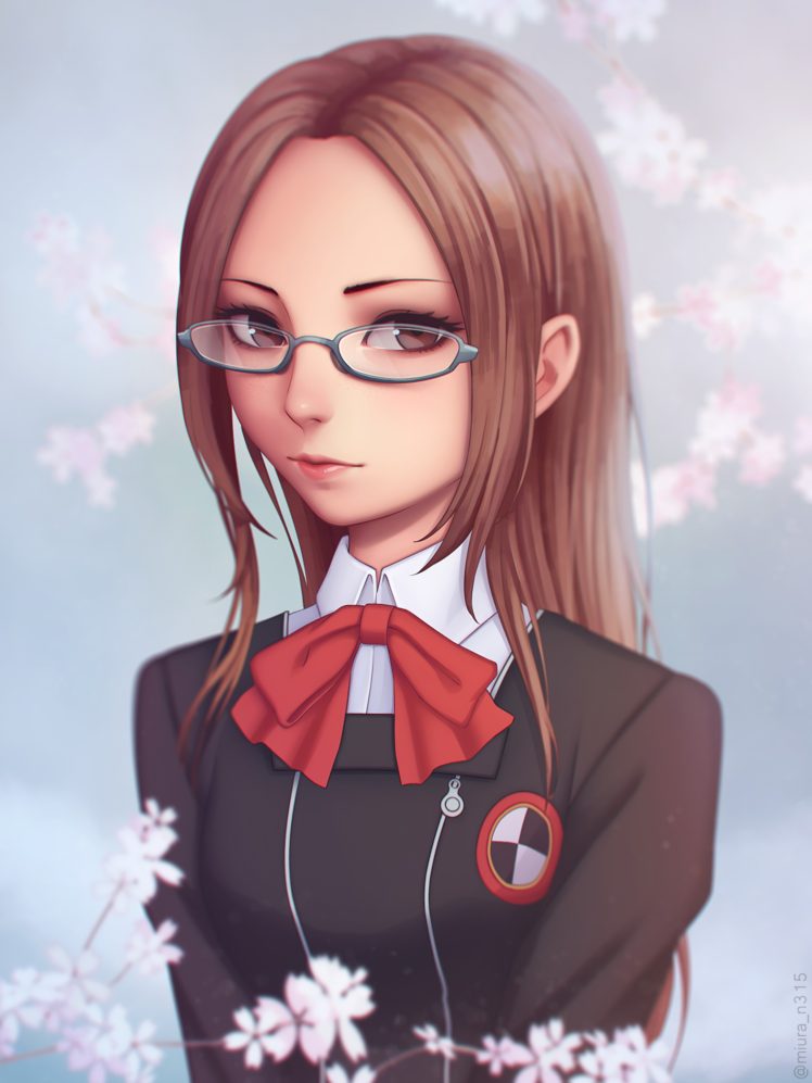 Anime girl with brown hair and brown eyes and glasses