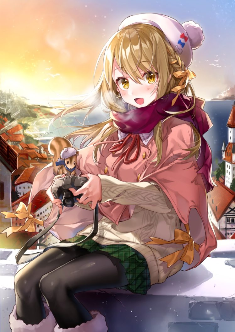 original characters, Long hair, Blonde, Anime, Anime girls, Yellow eyes, Sunset, Sweater, Skirt HD Wallpaper Desktop Background
