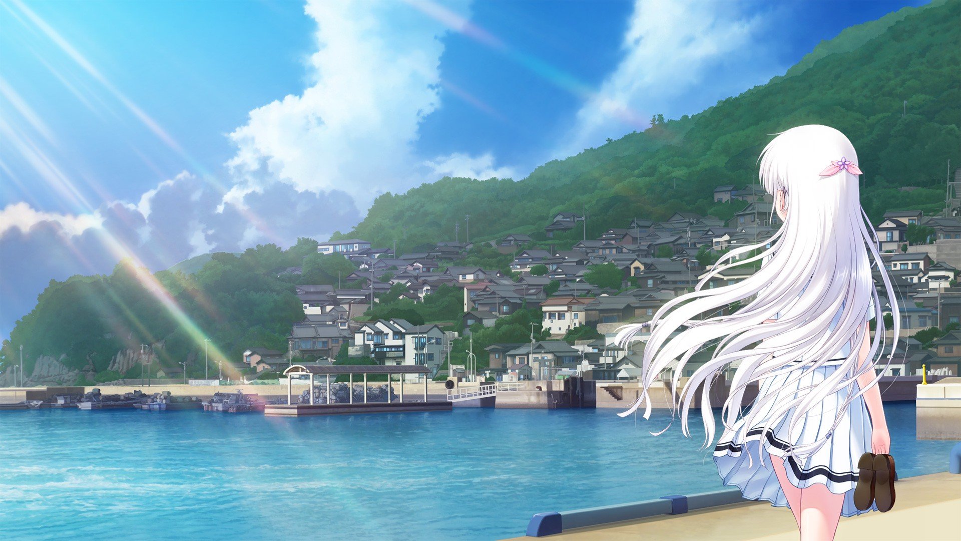 long hair, White hair, Anime, Anime girls, Summer Pockets, Naruse Shiroha, Landscape, Sea, Sky, Clouds Wallpaper