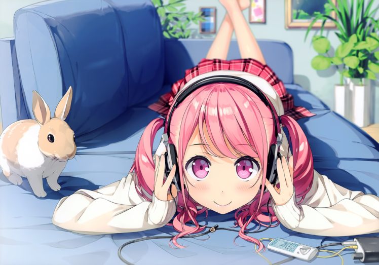 long hair, Pink hair, Pink eyes, Anime, Anime girls, Kurumi (Kantoku), Headphones, Rabbits, Twintails, Skirt HD Wallpaper Desktop Background