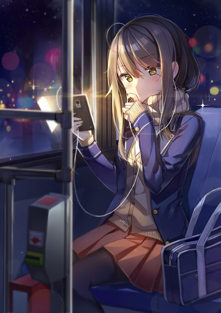 long hair, Brunette, Anime, Anime girls, Skirt, Stockings, Smartphone, Brown eyes, Headphones HD Wallpaper Desktop Background