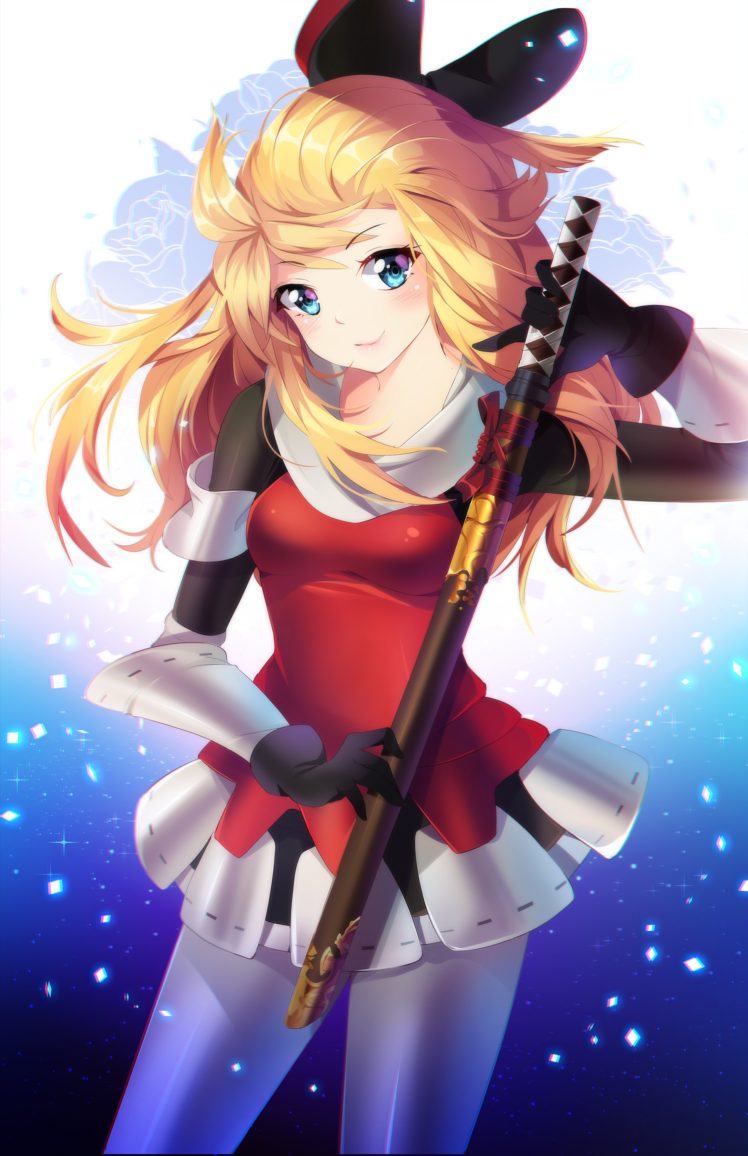 long hair, Blonde, Blue eyes, Anime, Anime girls, Sword, Katana HD Wallpaper Desktop Background