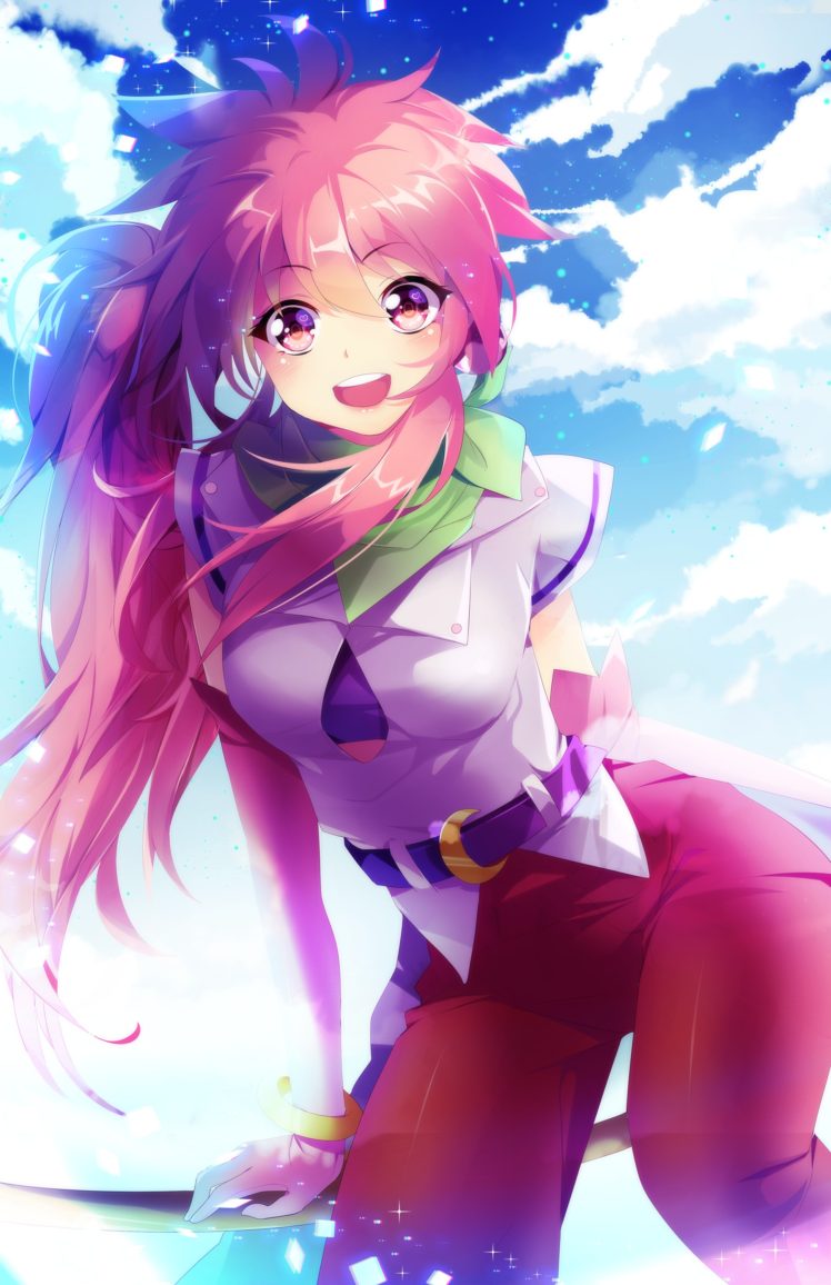 long hair, Pink hair, Pink eyes, Anime, Anime girls, Sky, Clouds HD Wallpaper Desktop Background
