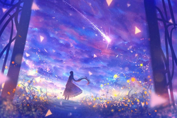 original characters, Anime girls, Sky, Dress, Flowers HD Wallpaper Desktop Background