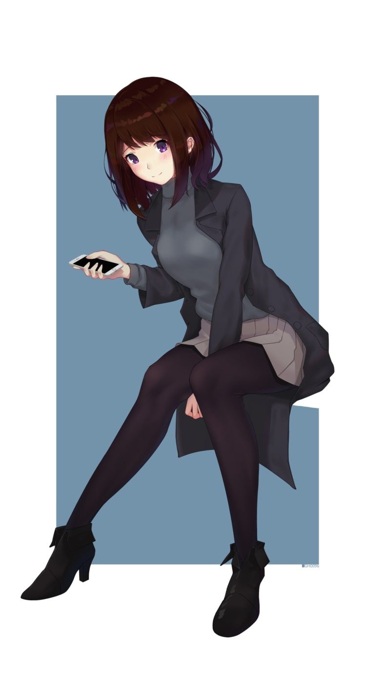 short hair brunette purple eyes anime anime girls heels sweater smartphone skirt hd wallpapers desktop and mobile images photos short hair brunette purple eyes