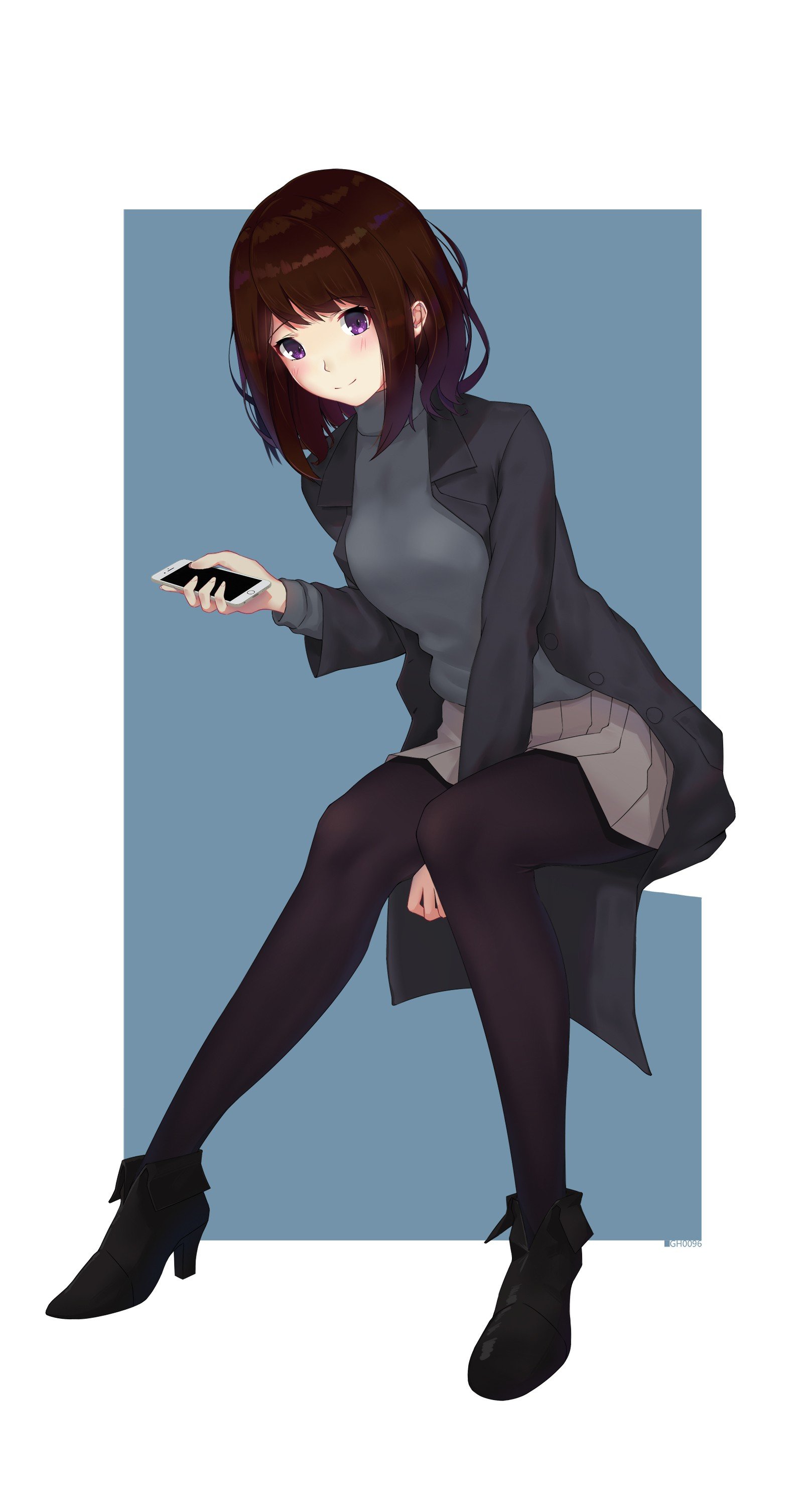 short hair, Brunette, Purple eyes, Anime, Anime girls, Heels, Sweater, Smartphone, Skirt Wallpaper