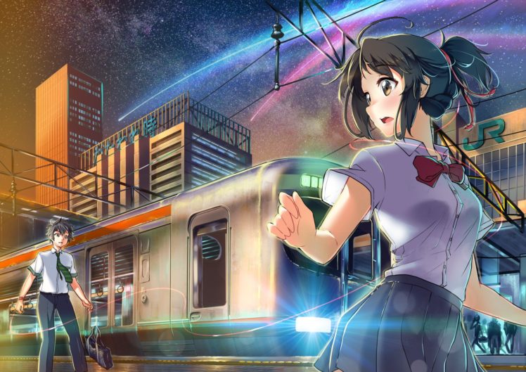 your name., Miyamizu Mitsuha, Tachibana Taki, Train, Cityscape, Clear sky, Bridge, School uniform HD Wallpaper Desktop Background