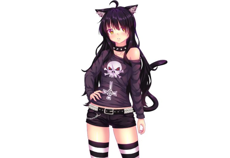 cat girl, Fast runner 2024, Long hair, White background, Simple background, Animal ears, Black hair, Chains, Choker, Gothic, Shorts, Tail, Yellow eyes, Thigh highs HD Wallpaper Desktop Background