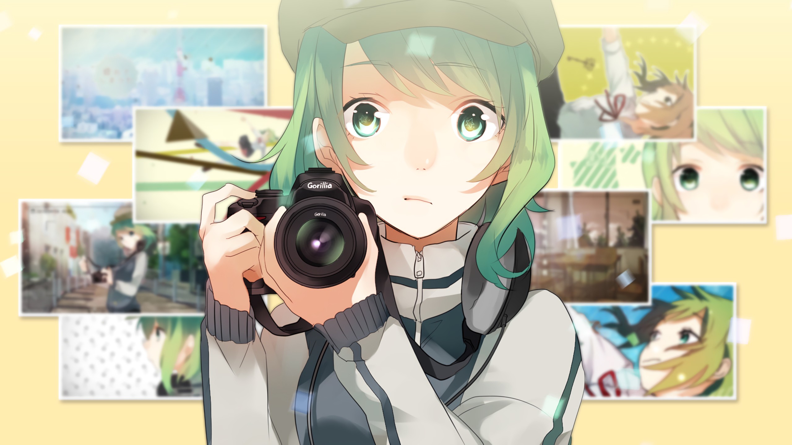 short hair, Green hair, Green eyes, Anime, Anime girls, Camera, Hat, Vocaloid, Megpoid Gumi Wallpaper