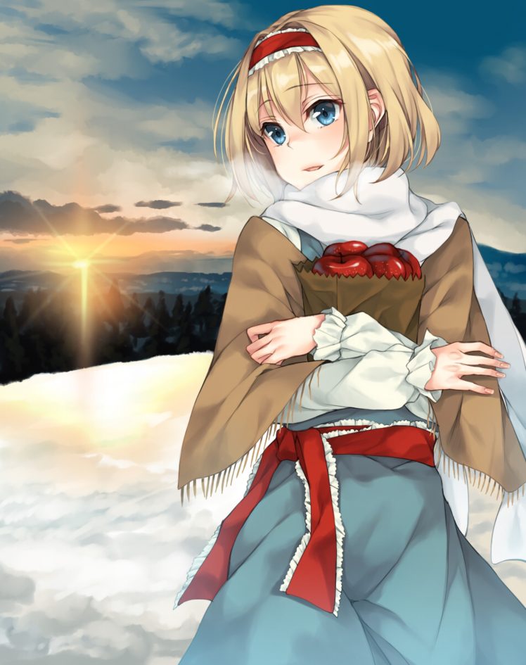 short hair, Blonde, Blue eyes, Anime, Anime girls, Sunset, Snow, Apples HD Wallpaper Desktop Background