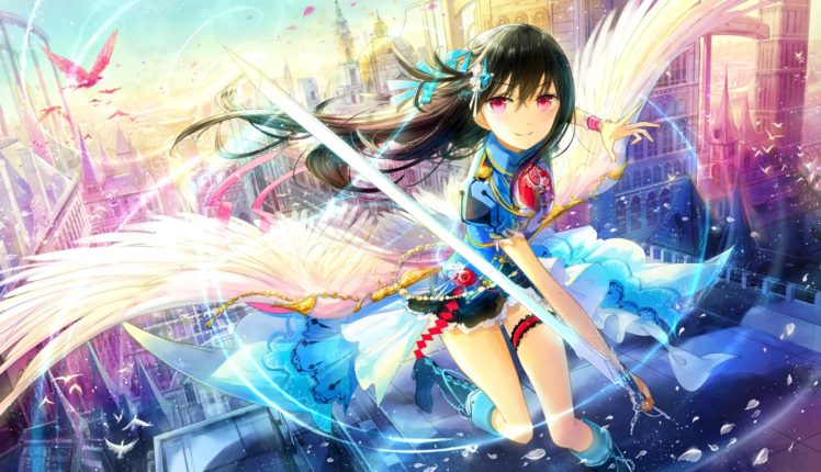 pink eyes, Anime, Anime girls, Wings, Sword, Weapon, Black hair HD Wallpaper Desktop Background