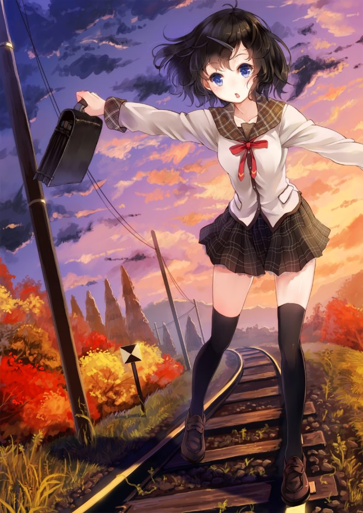 blue eyes, Anime, Anime girls, School uniform, Skirt, Stockings, Black hair HD Wallpaper Desktop Background