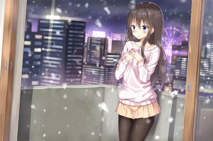 long hair, Brunette, Blue eyes, Anime, Anime girls, Snow, Winter, Skirt HD Wallpaper Desktop Background