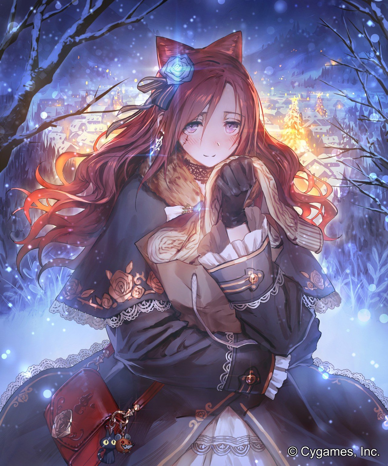 long hair, Redhead, Purple eyes, Anime, Anime girls, Shingeki no Bahamut, Ceres (Shingeki No Bahamut), Animal ears, Snow, Winter, Dress Wallpaper