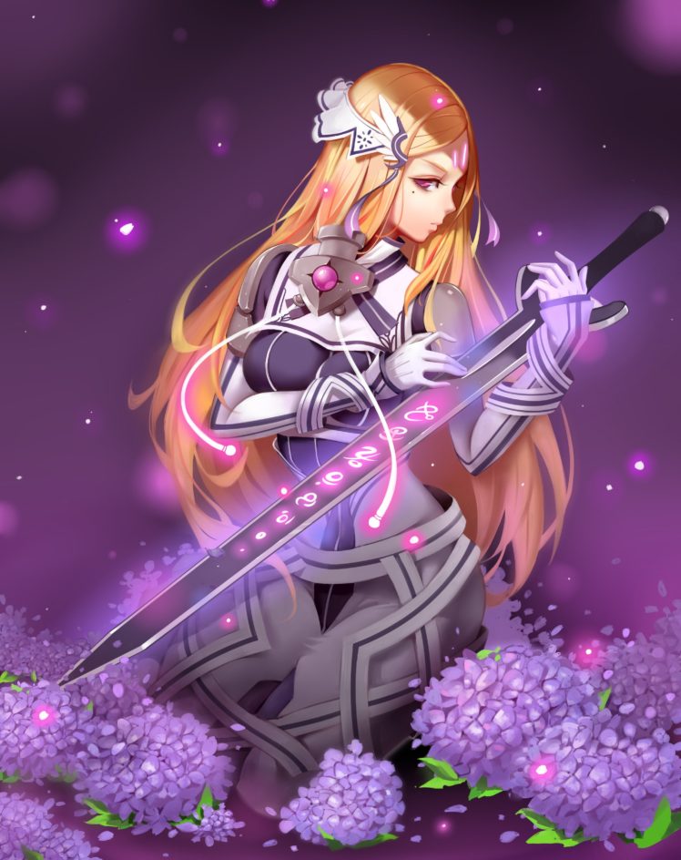 long hair, Blonde, Red eyes, Anime, Anime girls, Sword, Weapon, Flowers HD Wallpaper Desktop Background
