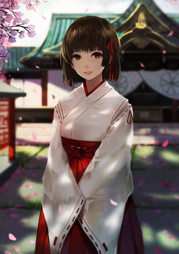 short hair, Brunette, Anime, Anime girls, Kimono, Japanese clothes, Brown eyes HD Wallpaper Desktop Background