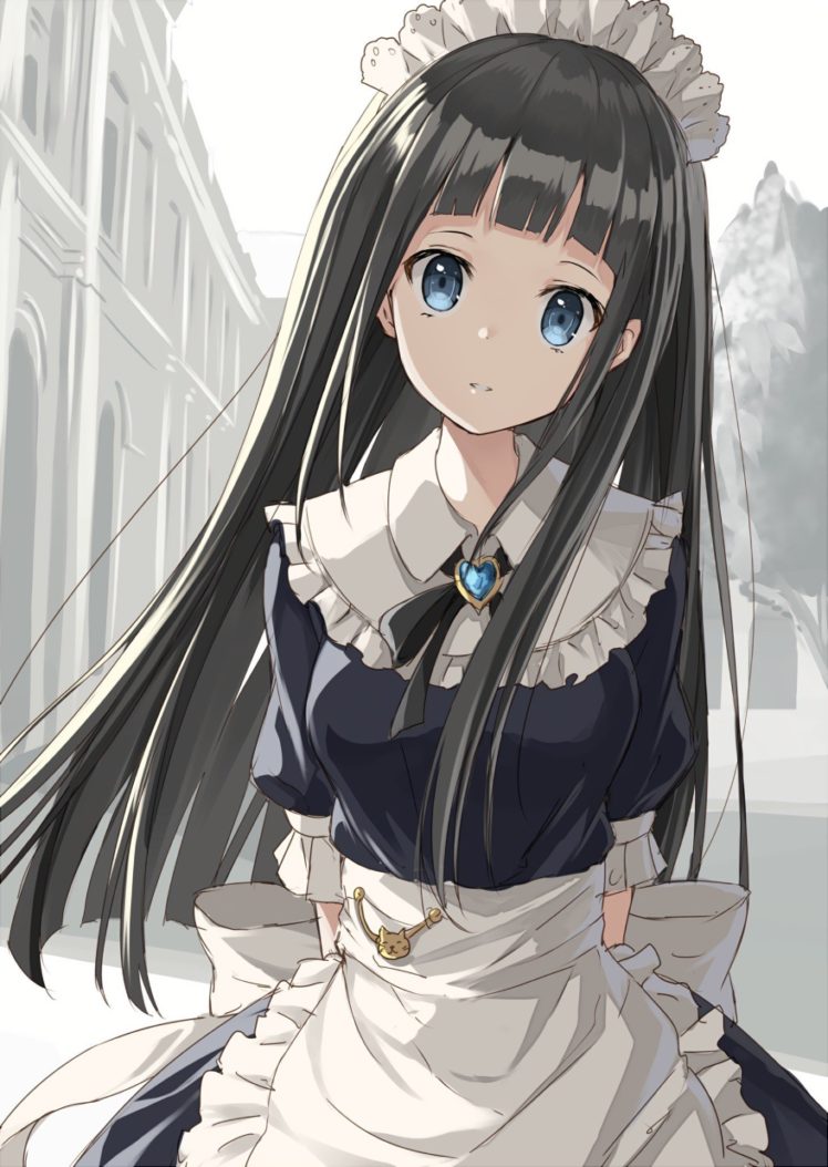 long hair, Blue eyes, Anime, Anime girls, Black hair, Maid HD Wallpaper Desktop Background