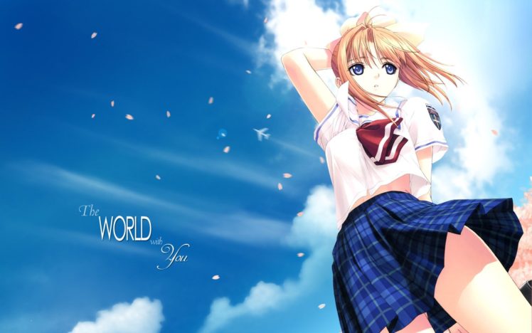 blonde, Long hair, Blue eyes, Anime, Anime girls, School uniform, Clouds HD Wallpaper Desktop Background