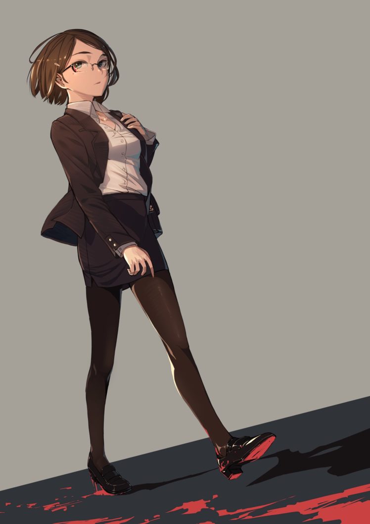 short hair, Brunette, Anime, Anime girls, Business suit, Skirt, Glasses, Meganekko HD Wallpaper Desktop Background