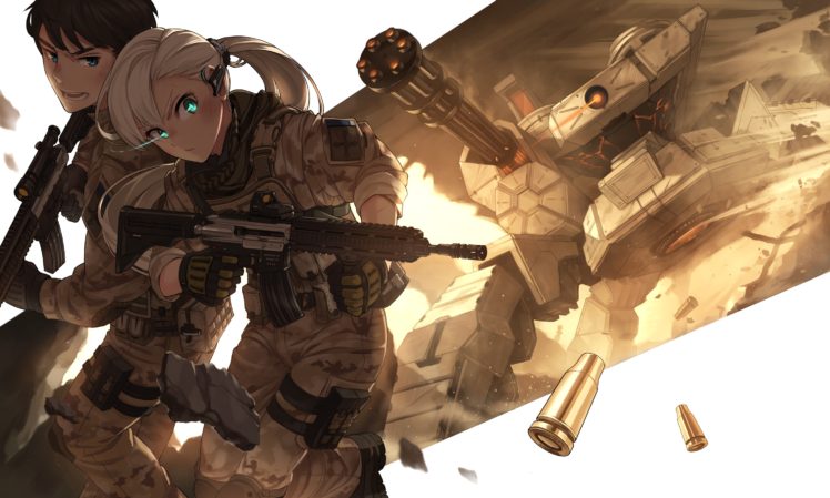 long hair, Anime, Anime girls, Weapon, Gun, Uniform, Gray hair, Aqua eyes HD Wallpaper Desktop Background