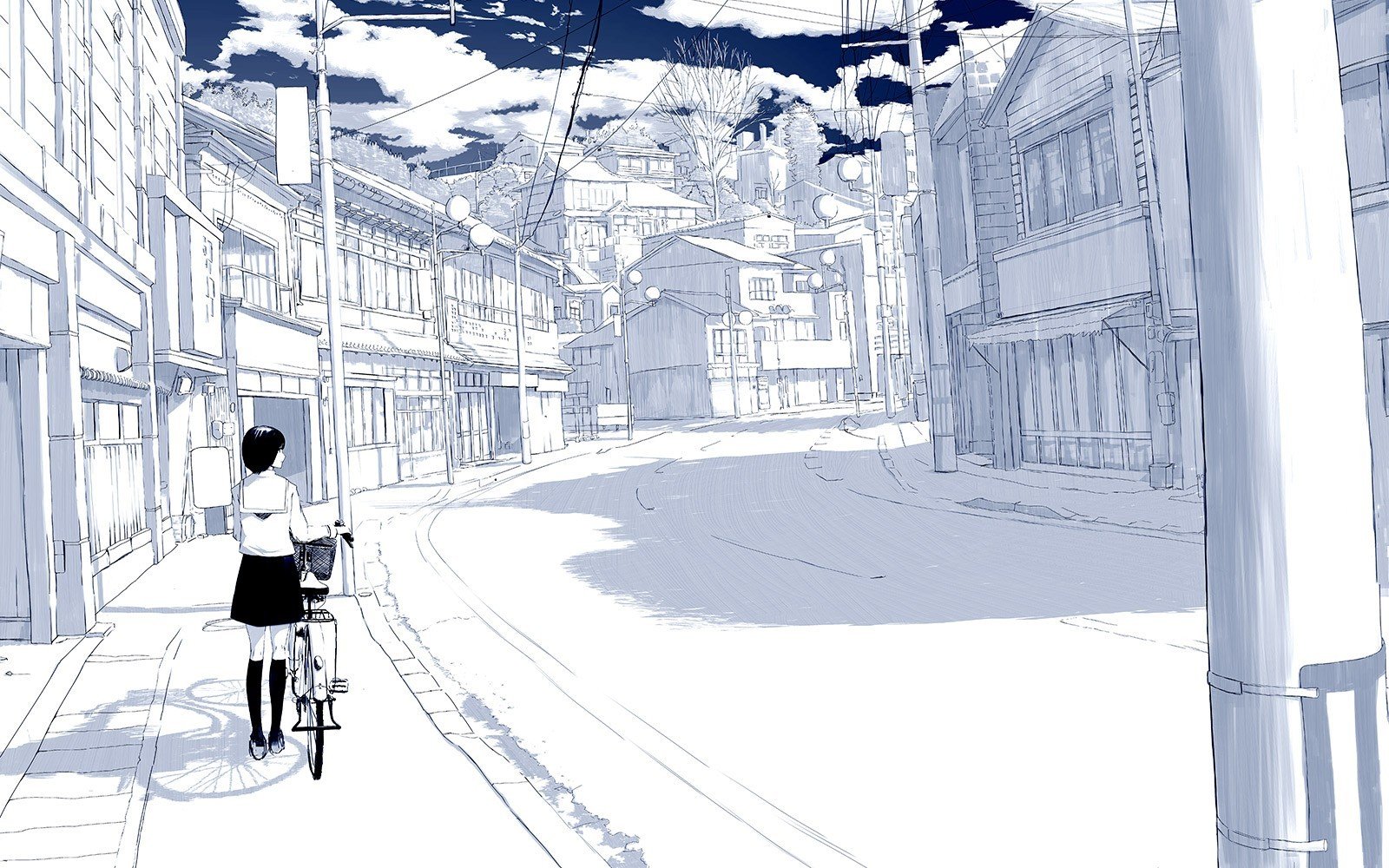 selective coloring, Sky, Bicycle, Cityscape, Anime girls, Drawn Wallpaper