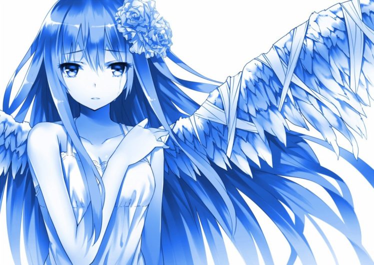 long hair, Anime, Anime girls, Simple background, Wings, Hair ornament HD Wallpaper Desktop Background