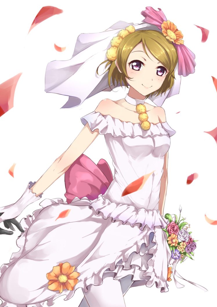 short hair, Purple eyes, Blonde, Anime, Anime girls, Love Live!, Koizumi Hanayo, Dress, Wedding dress, Flowers HD Wallpaper Desktop Background