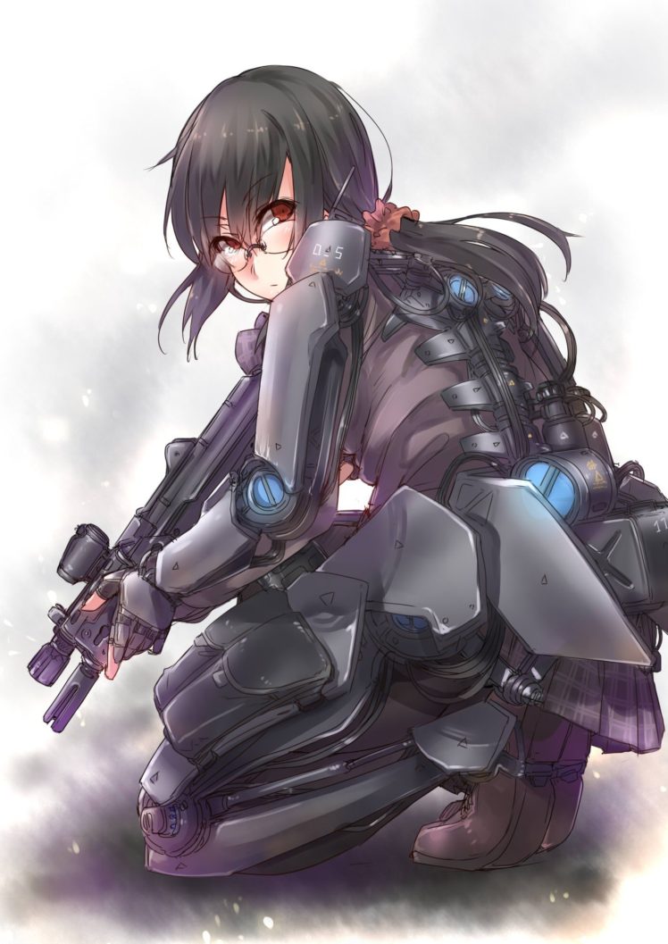 long hair, Red eyes, Anime, Anime girls, Armor, Black hair, Glasses, Meganekko, Weapon, Gun HD Wallpaper Desktop Background