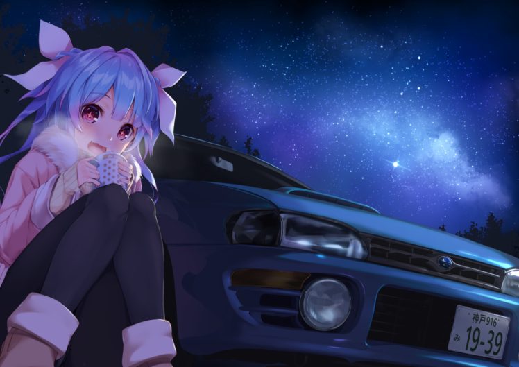 blue hair, Long hair, Red eyes, Anime, Anime girls, Kantai Collection, I 19 (KanColle), Drink, Sky, Stars, Twintails, Car HD Wallpaper Desktop Background