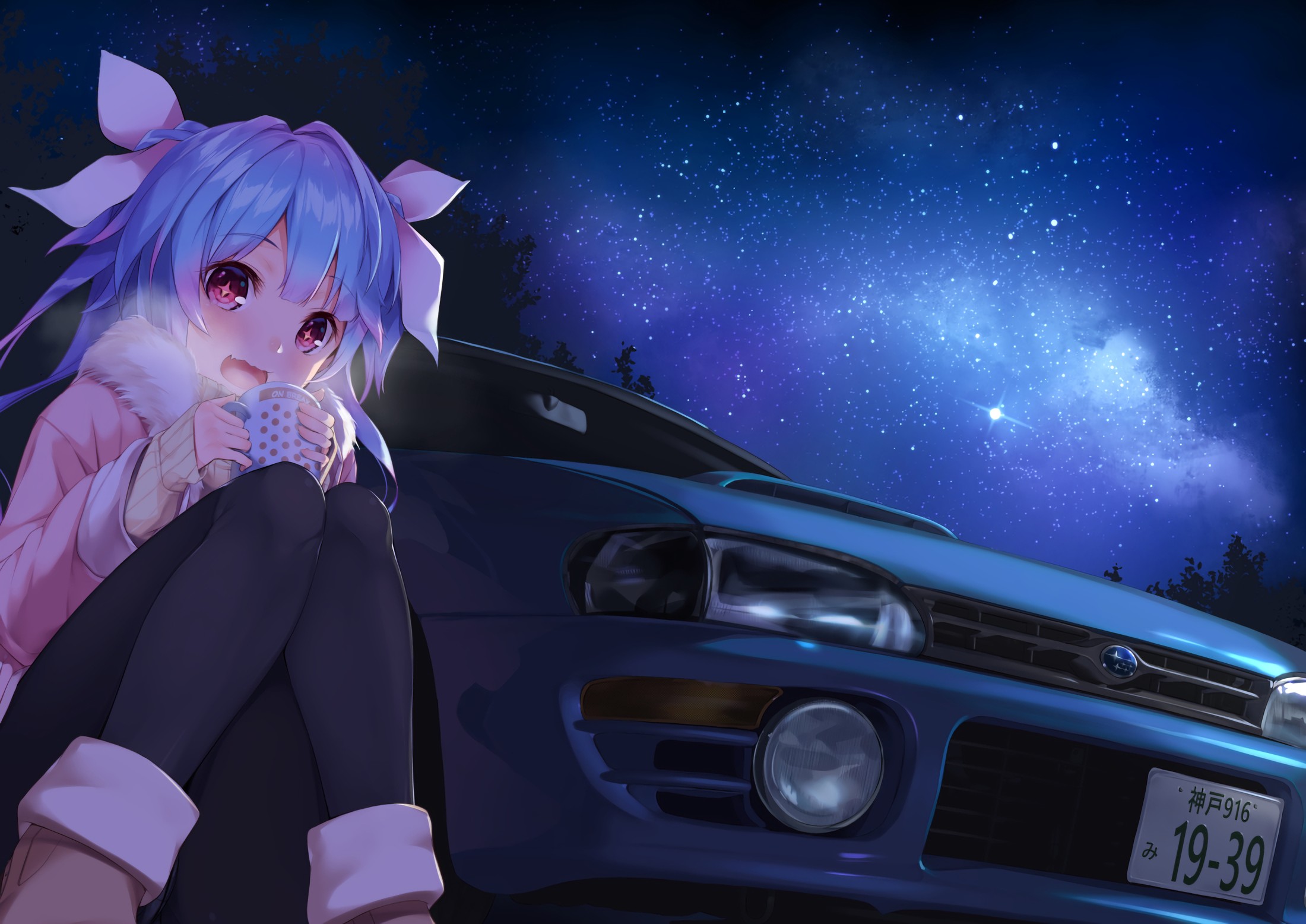 blue hair, Long hair, Red eyes, Anime, Anime girls, Kantai Collection, I 19 (KanColle), Drink, Sky, Stars, Twintails, Car Wallpaper