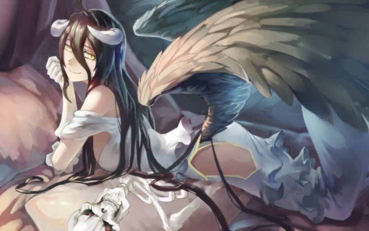 long hair, Anime, Anime girls, Overlord (anime), Albedo (OverLord), Black hair, Wings, Yellow eyes, Horns HD Wallpaper Desktop Background